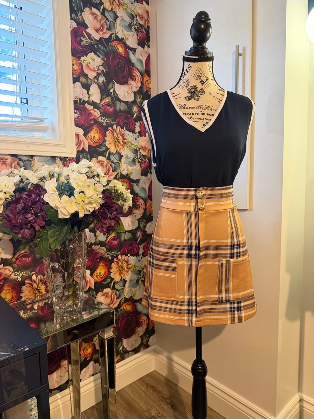 High-Waist Plaid Mini Skirt in Tan, blue and white. I’m size XL